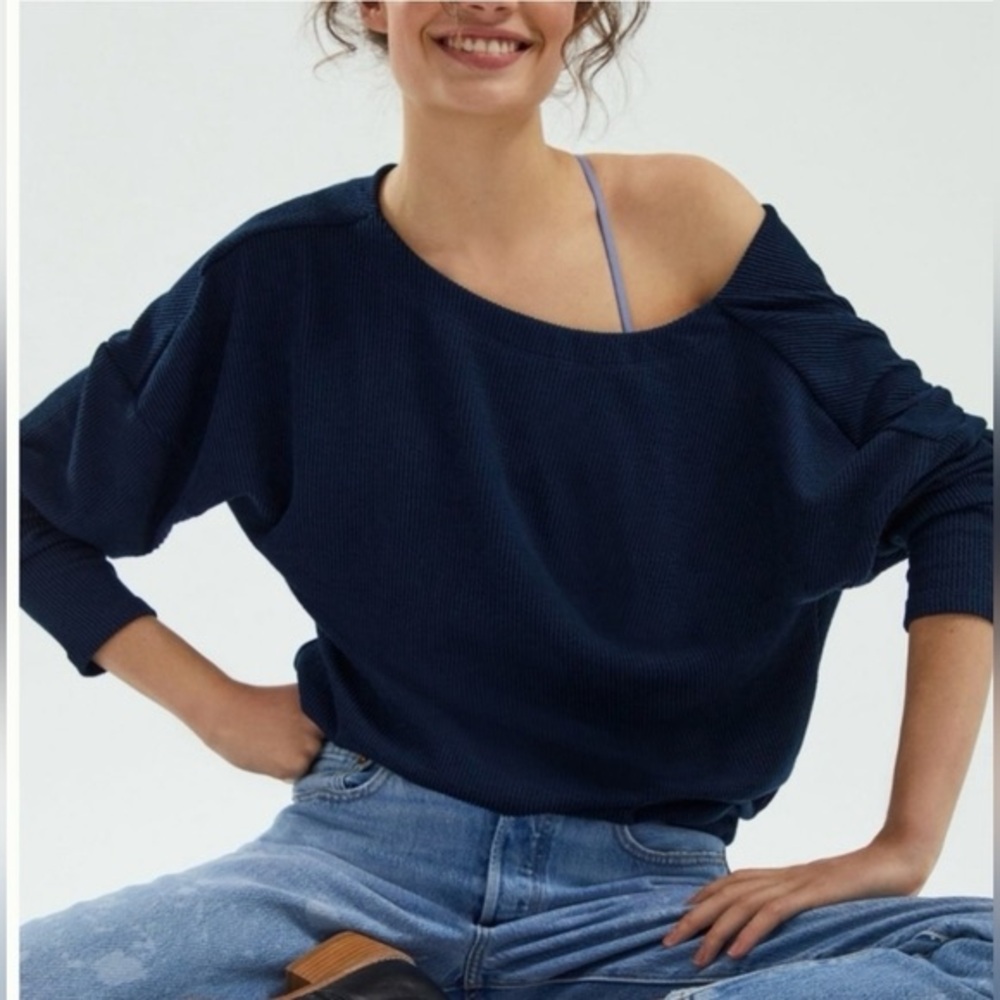 Anthropologie Maeve Kasi Navy Ribbed Slouchy Long Sleeve Shirt Large